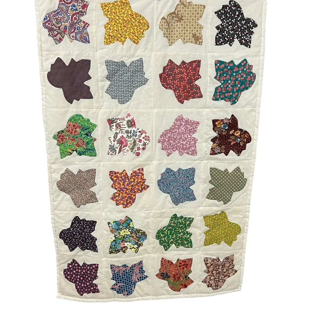 Handmade Leaf Applique Scrappy Patchwork Quilt Cottagecore Wall Hanging 32x48